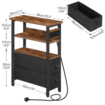 HOOBRO Side Table with Charging Station, Narrow Side Table with 2 Non-Woven Drawers, USB Ports and Power Outlet