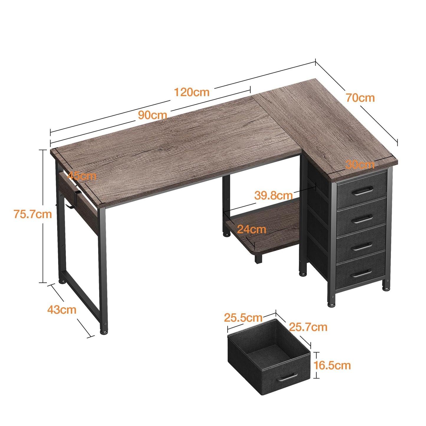 Coleshome Small Corner Desk with Drawers for Home Office, 120x70 cm, Grey