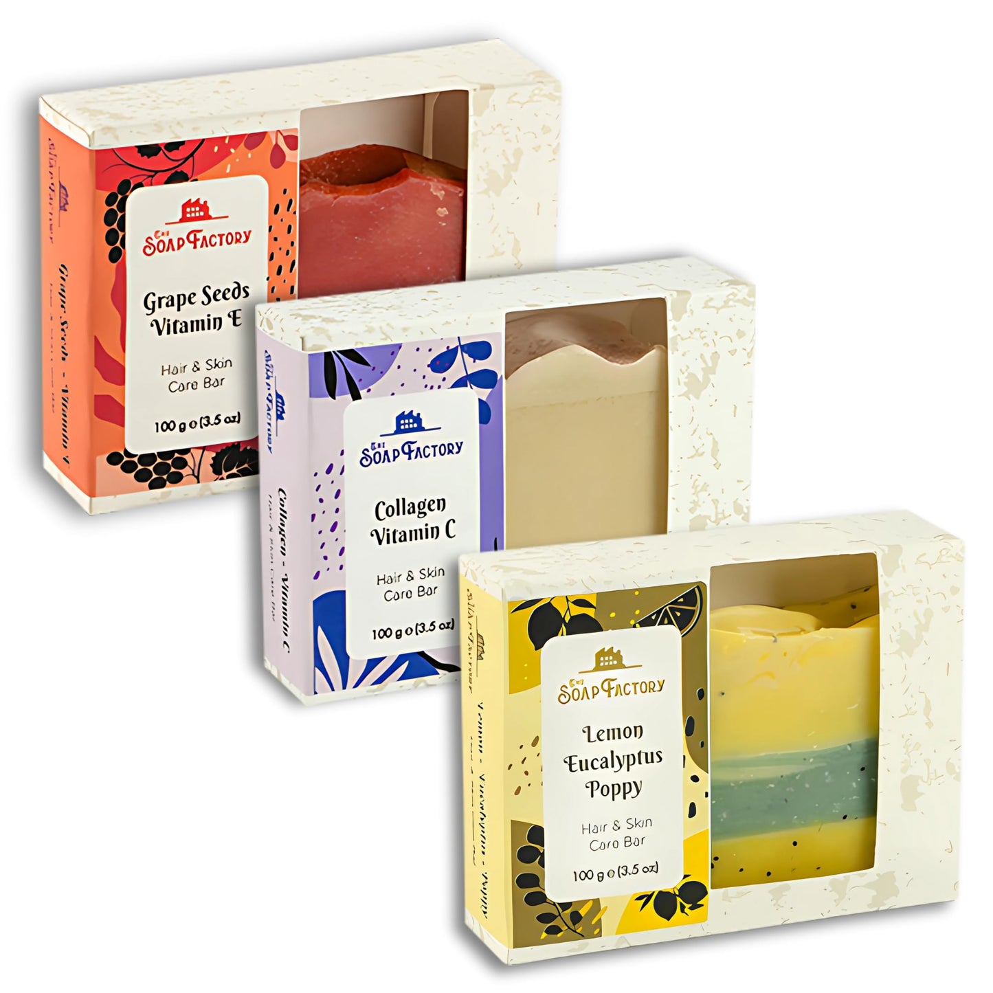 Natural Handmade Soap Gift Set (3 Pack) ? Grape Seeds Vitamin E, Collagen Vitamin C & Lemon Eucalyptus Poppy Rosemary Bars ? Hydrating, Brightening &