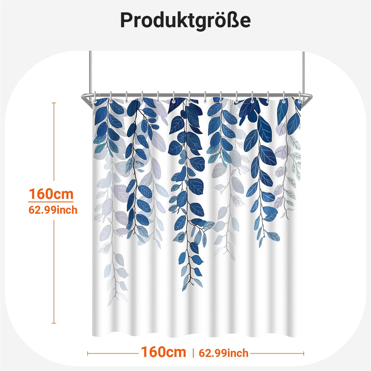 Lerores Shower Curtain, 160 x 160 cm, Blue Leaf, Weighted Hem, Anti-Mould Textile, Water-Repellent