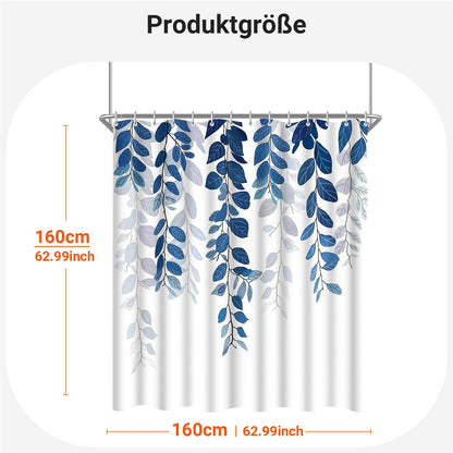 Lerores Shower Curtain, 160 x 160 cm, Blue Leaf, Weighted Hem, Anti-Mould Textile, Water-Repellent