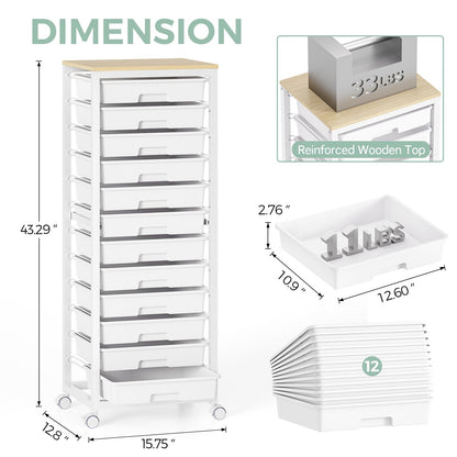 SYKIARIOL 12-Drawer Storage Trolley Rolling Cart with Wooden Top, White