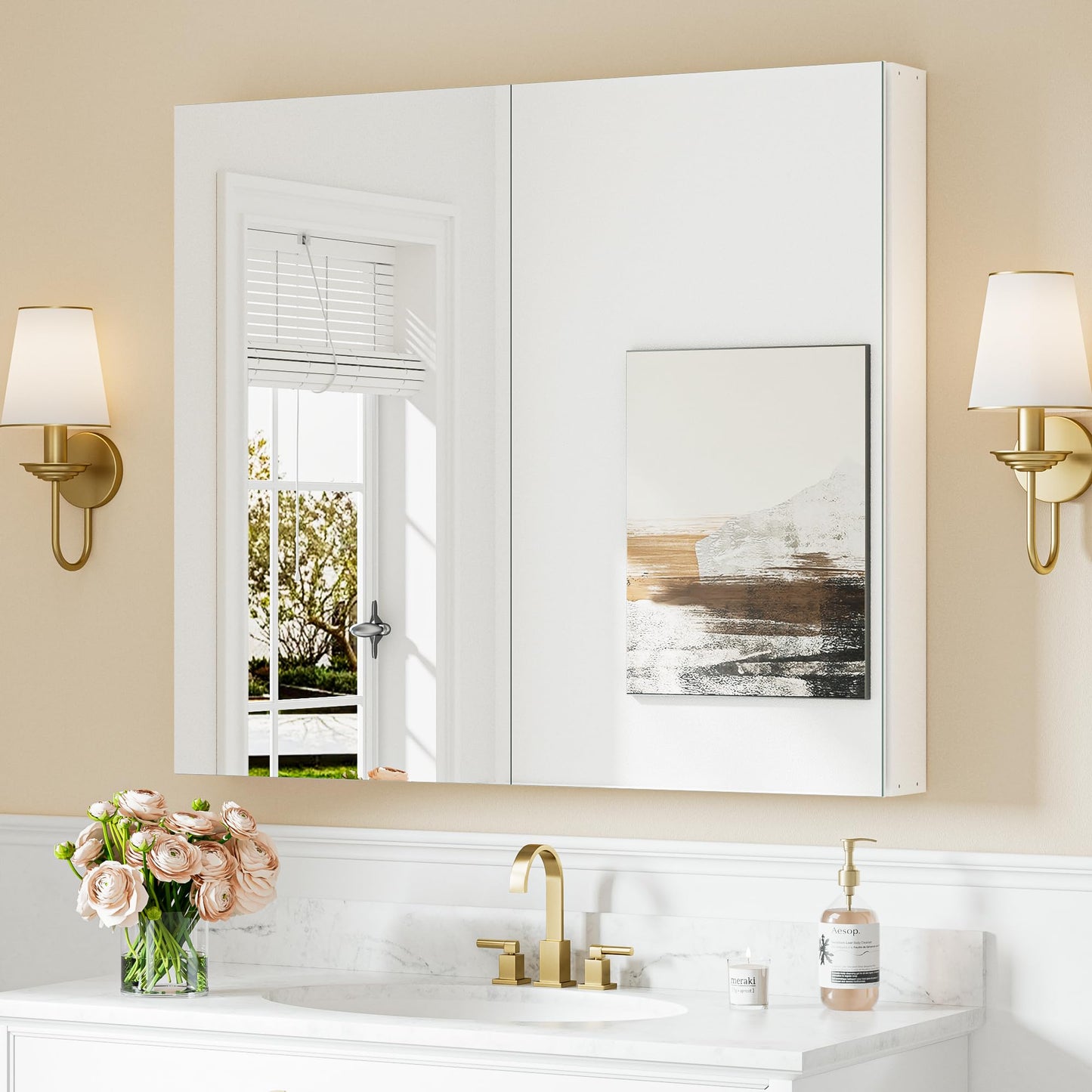 Keonjinn Bathroom Cabinets with Mirror - 90x80cm Aluminum bathroom Mirror Cabinets