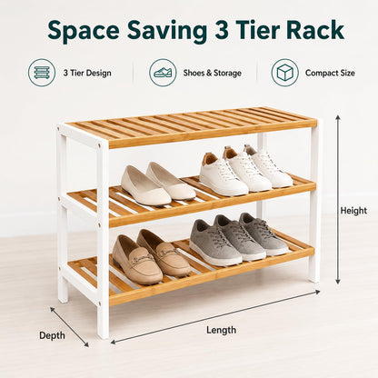 1ABOVE Bamboo Shoe Rack, Plant Rack, Perfect for Corridor, Living Room, Bathroom, Bedroom, Hallway or Small spaces-Parent. (White & Natural, 3 Tier)