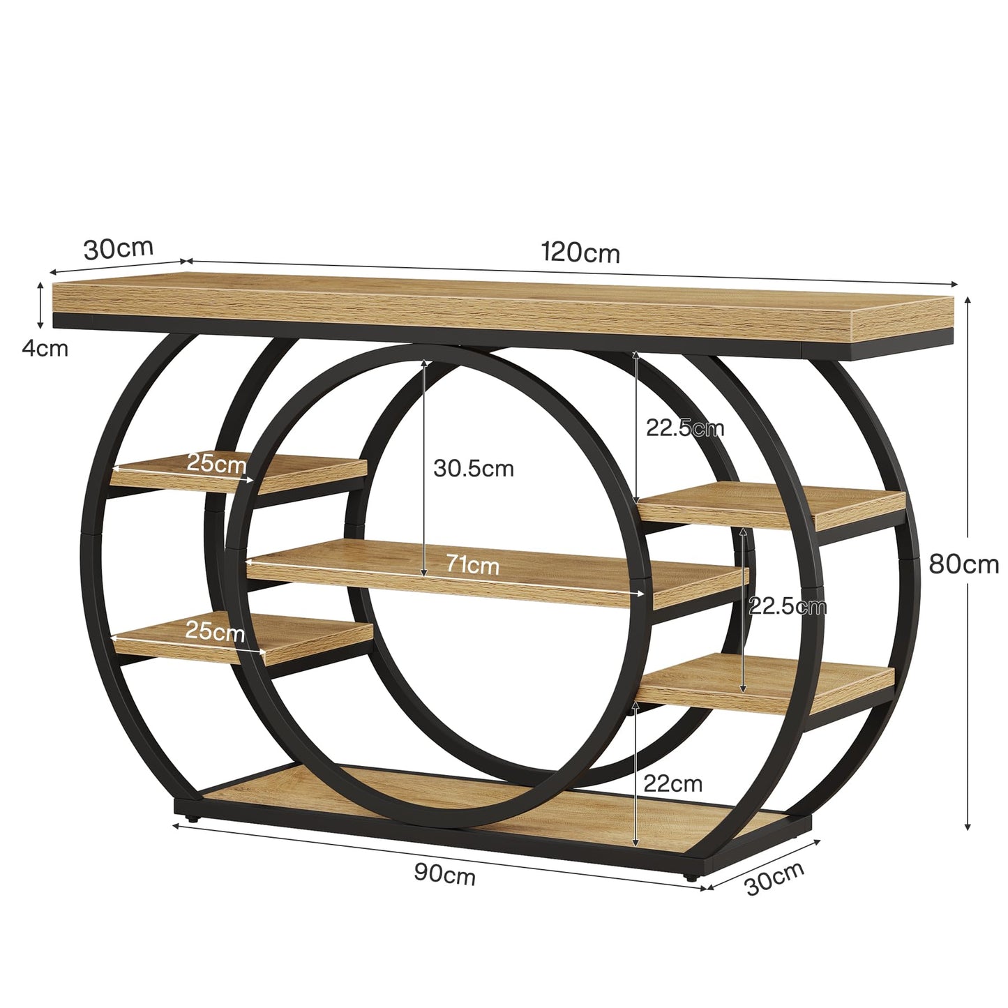 Tribesigns Circle Base Console Table | Narrow Entryway Table 120x30x80cm | 4-Tier Storage Shelf | Industrial Farmhouse Hallway Sofa Table,Rustic