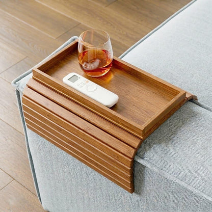 DETOR Sofa Arm Tray with Spacious 31.5 × 14 cm Storage Box, Acacia Stained Bamboo Finish, Enhanced Non-Slip Felt Base, Fits Armrests 15.5 cm and Wider