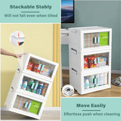 BTGGG 3 Pack Stackable Storage Boxes Large 50L*3 Foldable Collapsible Clear Storage Boxes Organizer 50 * 36 * 90cm, Front Door Opening for Easy