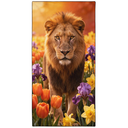 Violetpos Lion in Tulips & Irises Beach Towel, Extra Large 180x90 cm 250GSM Microfibre, Sand Free Quick Dry