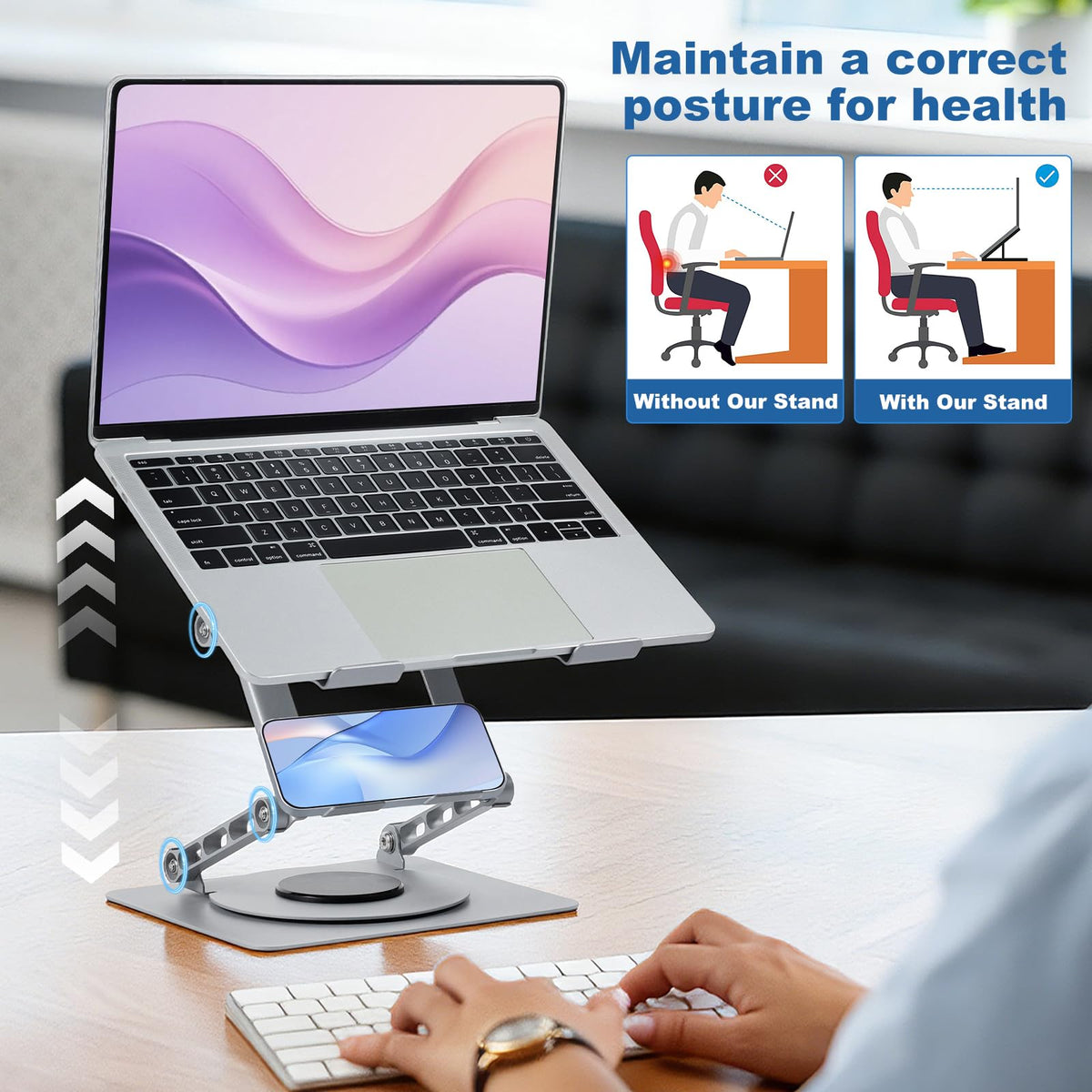 MEGETGOD Laptop Stand for Desk - Ergonomic 3 Layer Adjustable Height & 360° Rotating Laptop Riser