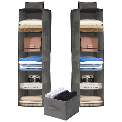 FALSKT 2PCS Hanging Storage with 5 Shelves and Removable Drawer Fabric Hanging Shelves Foldable Hanging Wardrobe Organiser Wardrobe Storage Organiser