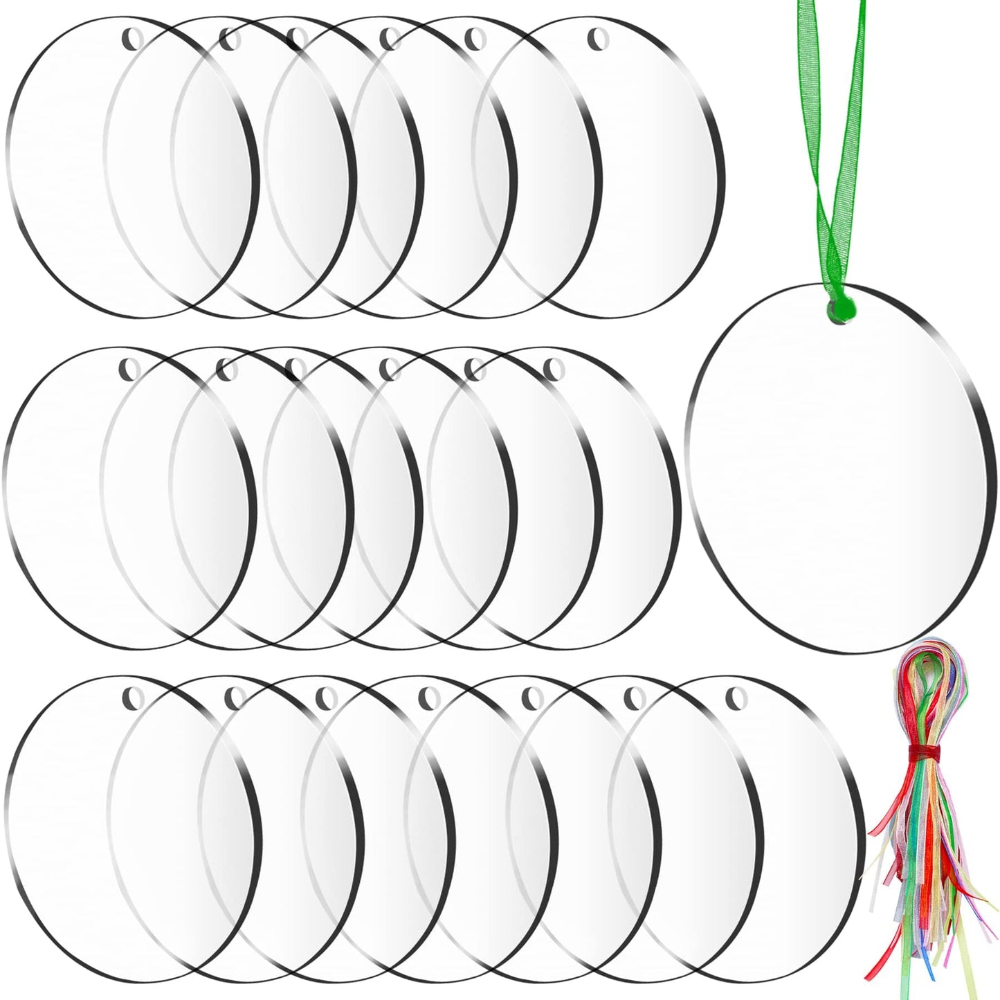 SANNIX 40PCS Acrylic Keychain Blanks with 50Pcs Colorful Ribbons, 3 Inch Acrylic Clear Circle Disc Rounds Christmas Ornaments Blanks for DIY Xmas