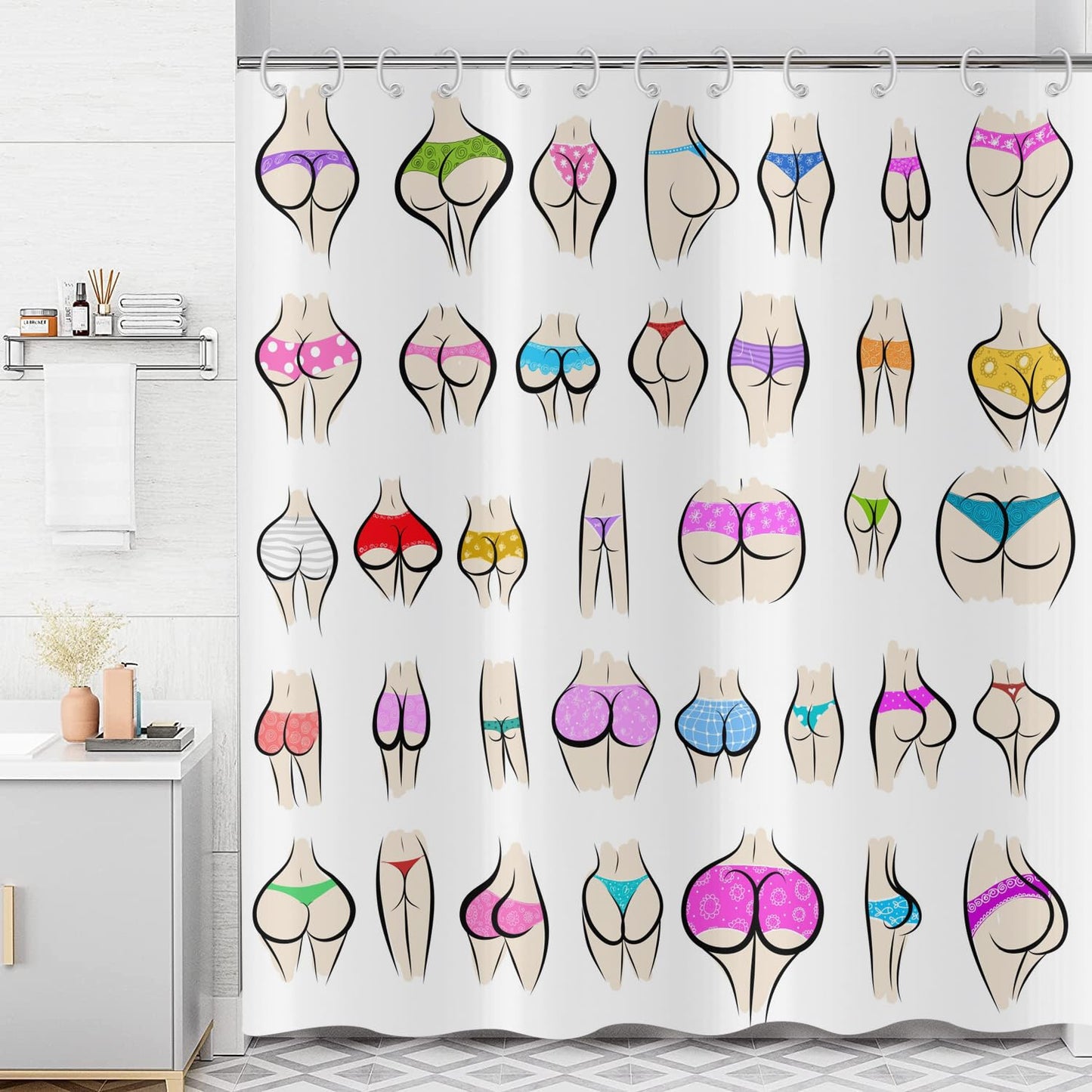 ASDCXZ Funny Shower Curtain 180x180 cm, Funny Colorful Butt Curve Pattern White Bath Washable Shower Curtains Polyester Textile Waterproof Bath