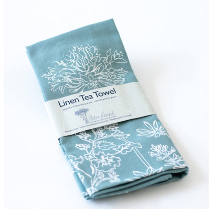 Helen Round Linen Tea Towel, duck egg blue. This beautiful, hand printed towel features garden flowers. Machine Washable at 40 degrees and will
