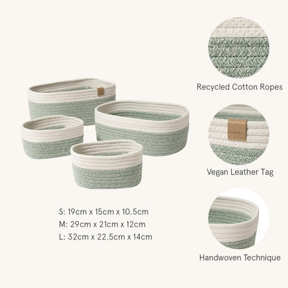 LA JOLIE MUSE Small Cotton Woven Storage Baskets, White & Green, 4 Pack
