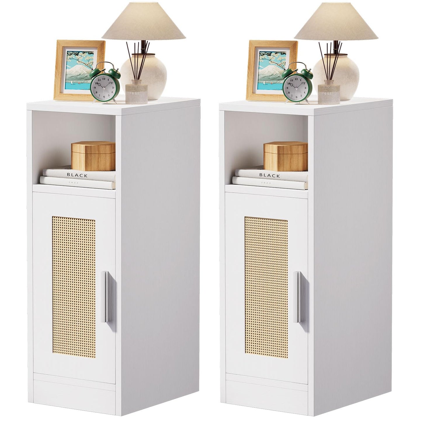 IBUYKE Slim Bedside Table Set of 2, Rattan Nightstand with Open Compartments and Cupboard for Small Spaces, Small Narrow Side End Table for Bedroom