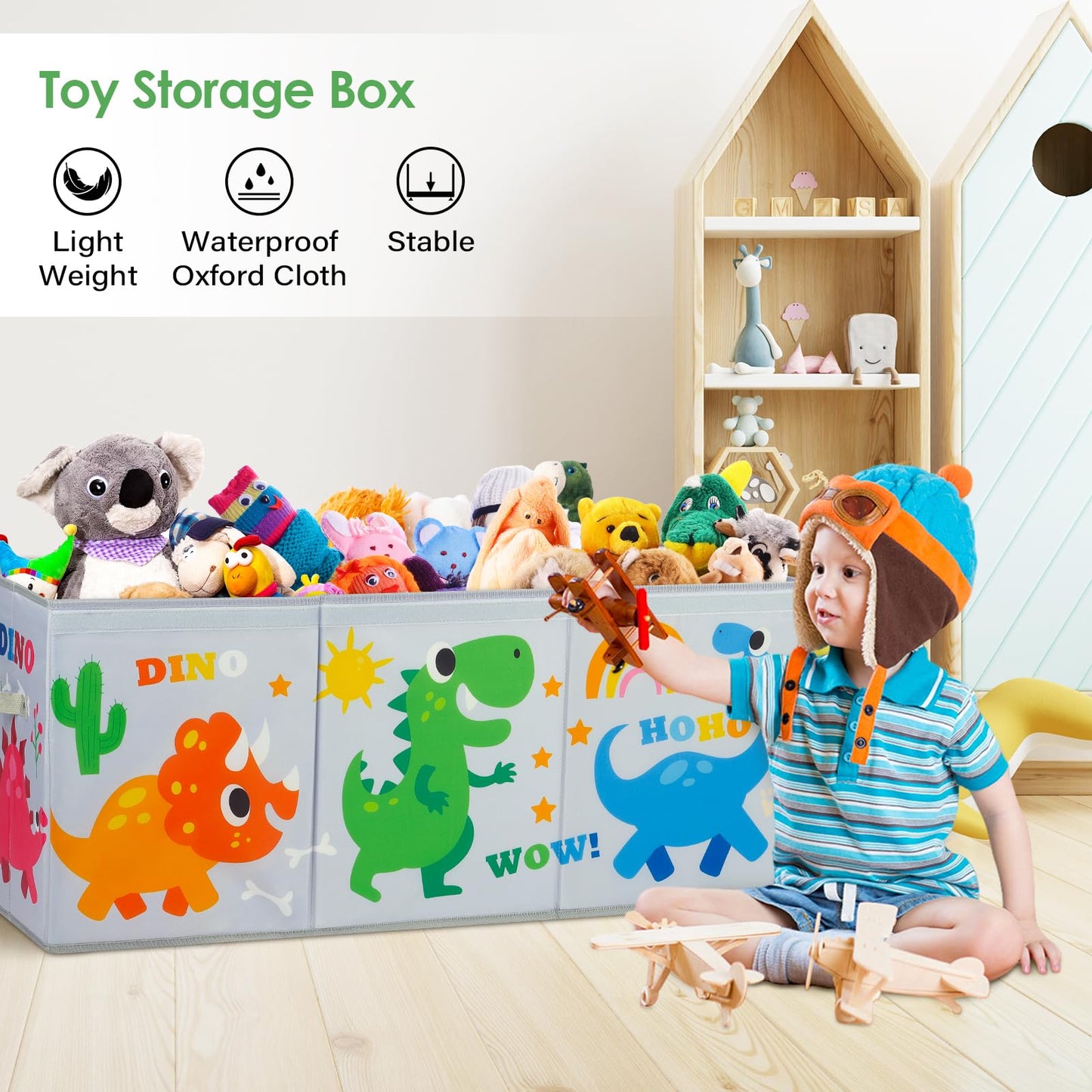 Decalsweet Cartoon Dinosaur Extra Large Kids Toy Storage Box with Lid,Foldable Oxford Toy Storage Organizer Box for Boys-96?32?40cm-Lightweight Toy