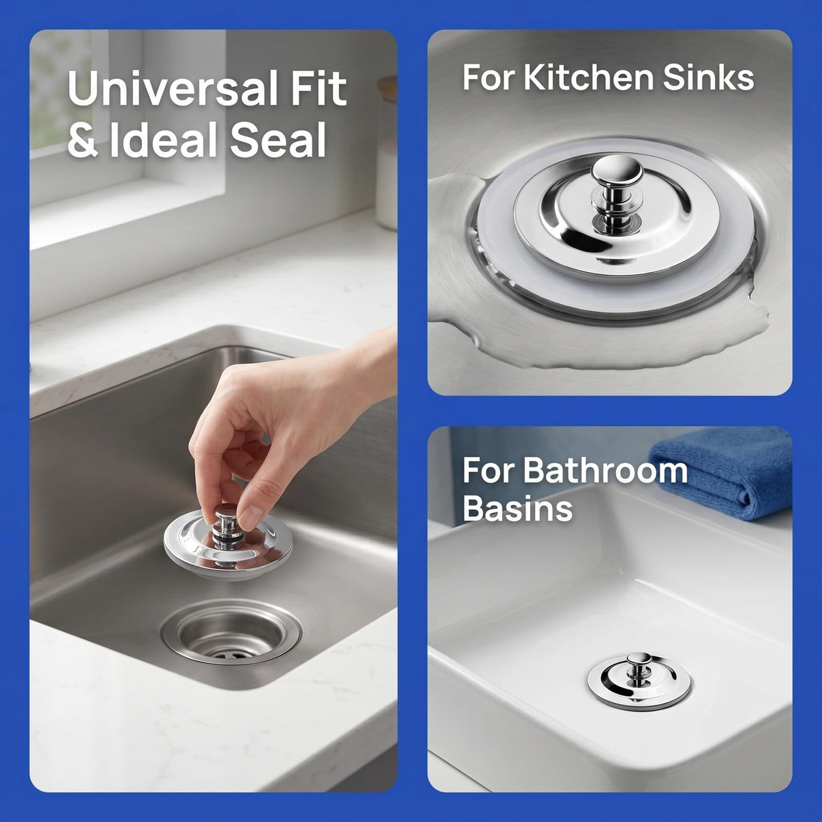 Solvio 42-45mm Universal Bath Plug, Stainless Steel Silicone Drain Stopper