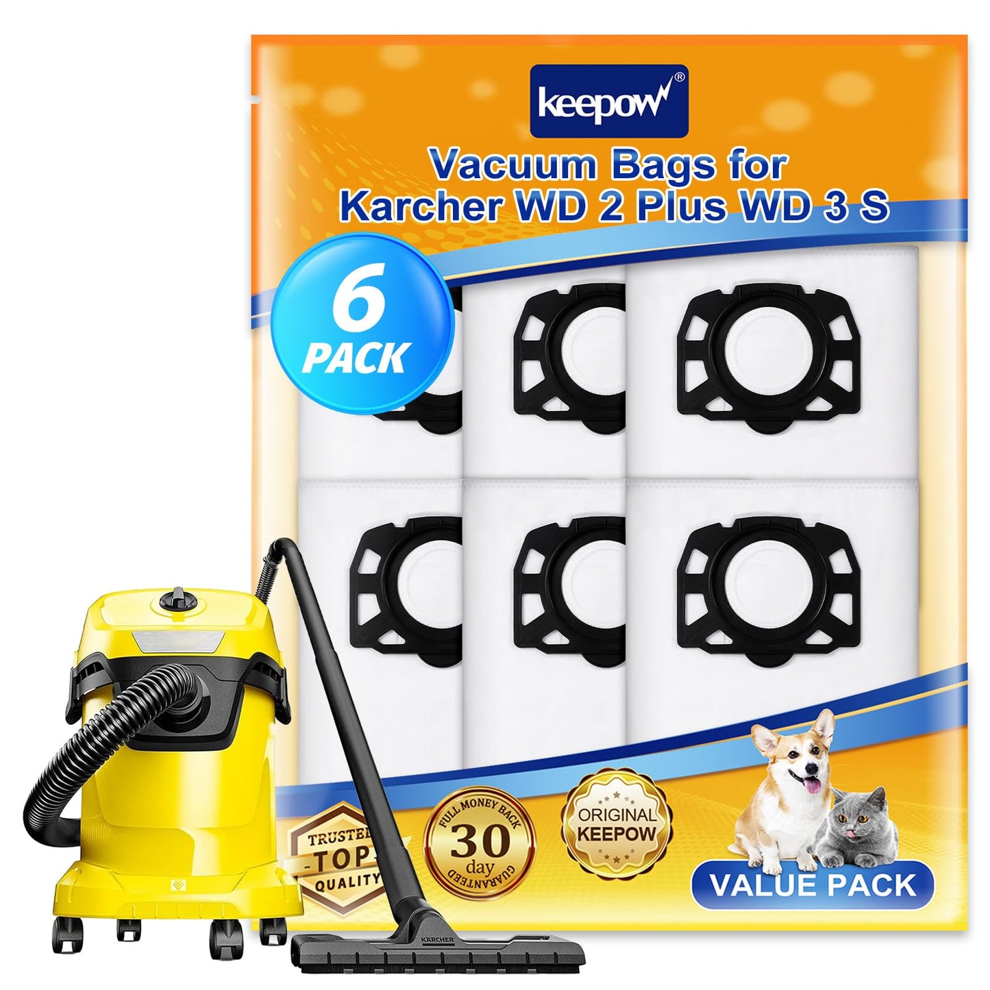 KEEPOW 6 Pack KFI 357 Vacuum Bags for K?rcher WD 2 Plus, WD 3, WD 3 Battery, Fleece Hoover Bags for Karcher Vacuum Cleaner WD3 S, KWD 1, KWD 2, KWD 3,
