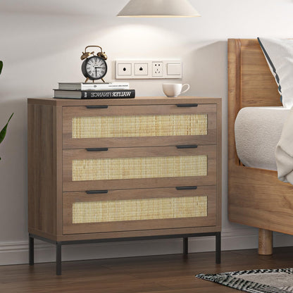 Yvsevnr Rattan Dresser for Bedroom Drawers for Clothes, Anti-Tipping, Wooden Closet Dressers Large Nightstand Bedside Storage Cabinet Unit with Metal