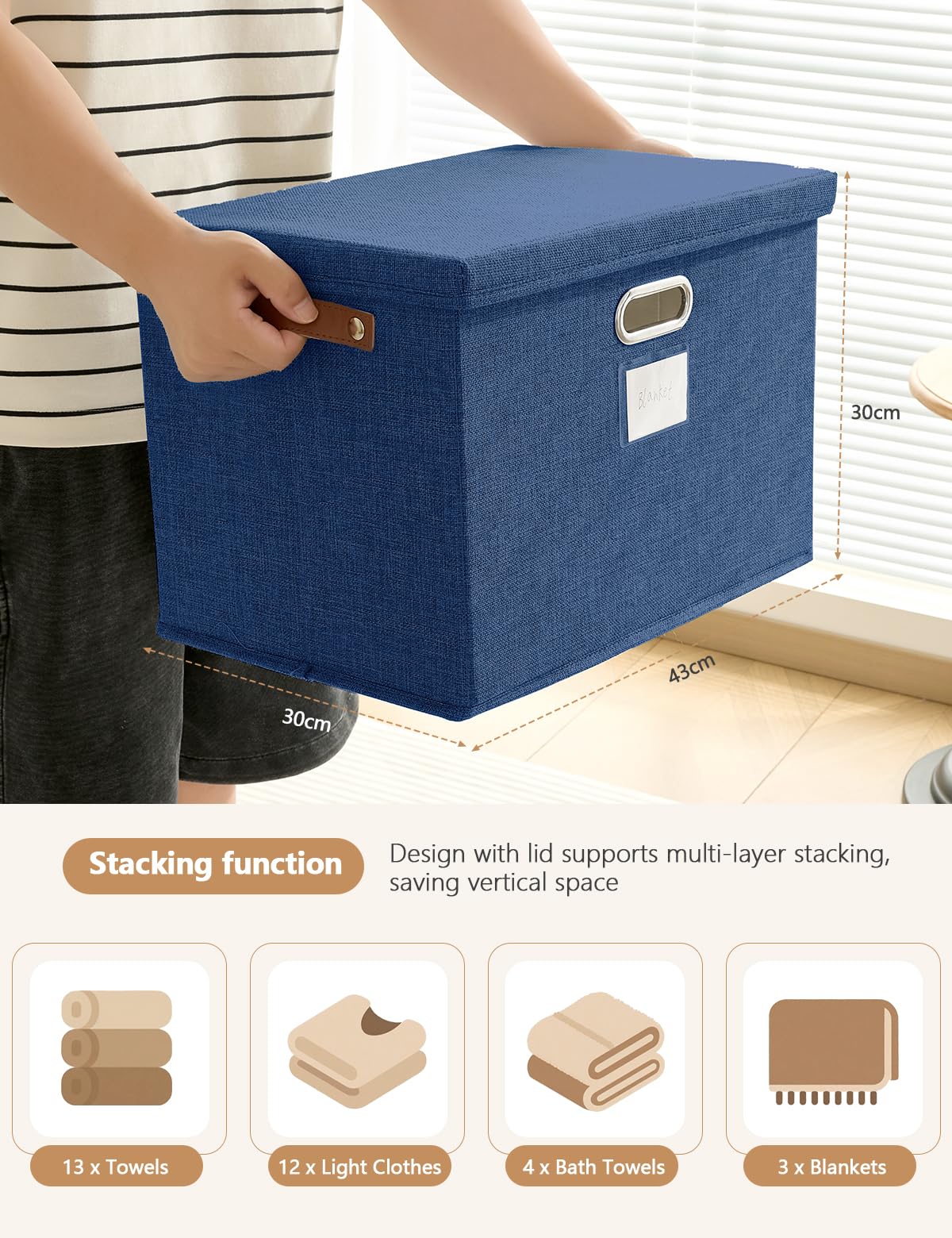 Bagnizer Storage Boxes with Lids 3PCS Foldable Fabric Storage Boxes Large Stackable Storage Baskets for Shelves Storage Box for Clothes Wardrobe Navy