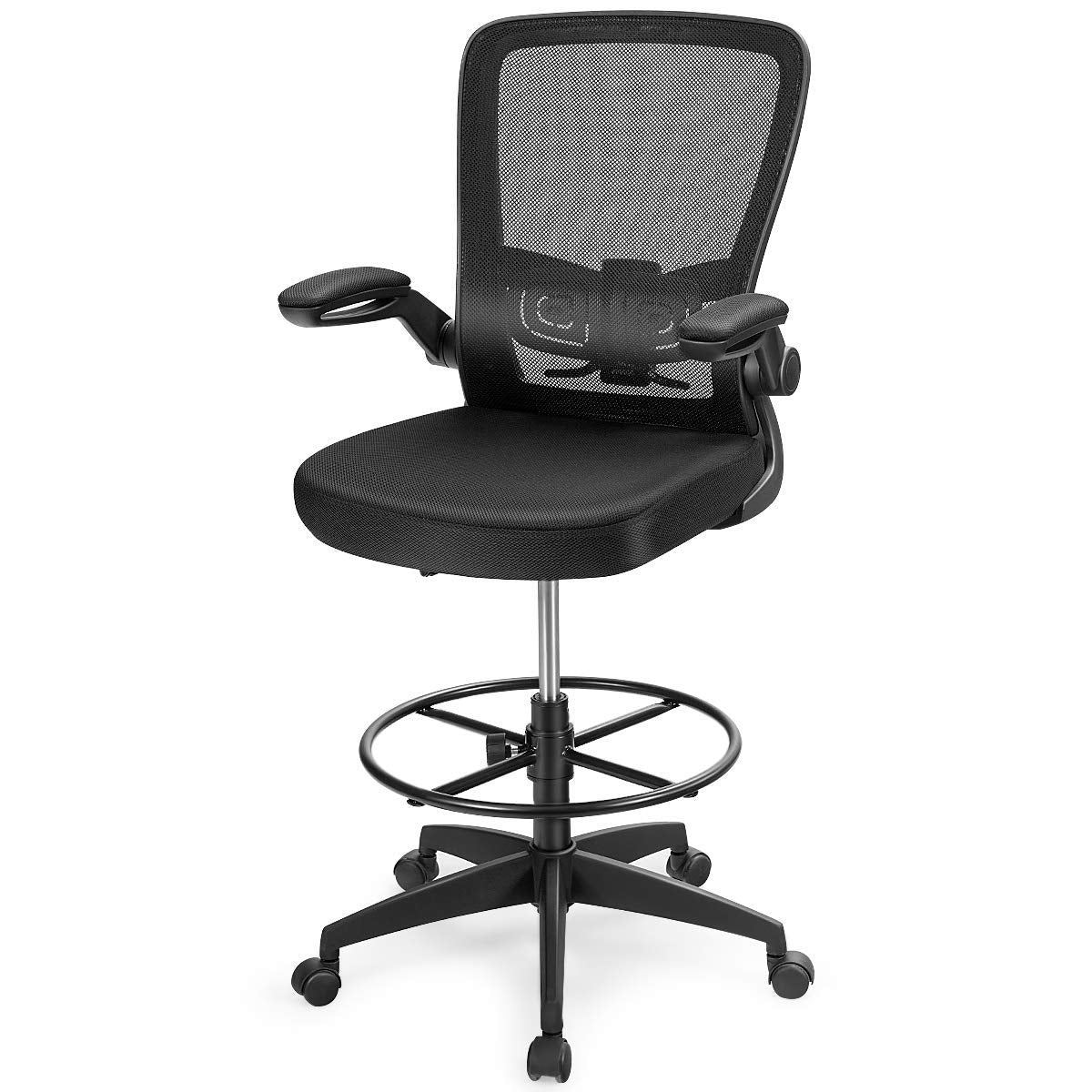CASART Mesh Drafting Chair, Ergonomic Office Chair with Lumbar Support & Flip-up Armrests, Height Adjustable Rolling Desk Chair for Home Office