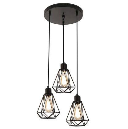 Timi Home Industrial 3-Light Pendant Light, Flush Mount Ceiling Light Fixture with Black Metal Cage Shade, Vintage Hanging Pendant Lighting for