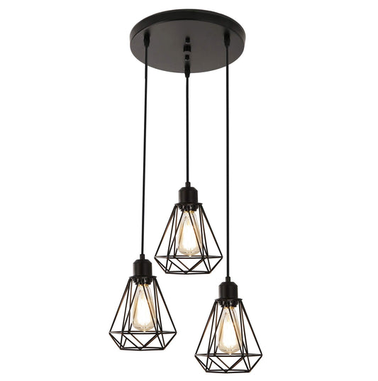Timi Home Industrial 3-Light Pendant Light, Flush Mount Ceiling Light Fixture with Black Metal Cage Shade, Vintage Hanging Pendant Lighting for