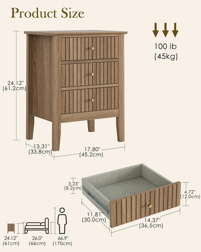 HEYZOEY Oak Finish Bedside Table, 3 Fluted Drawers, Country17.8×13.3×24 in