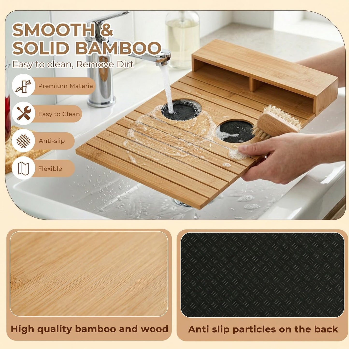 Bamboo Sofa Arm Tray, Foldable Anti Slip Couch Armrest Table with Cup Holder, Phone Holder and Storage Compartments