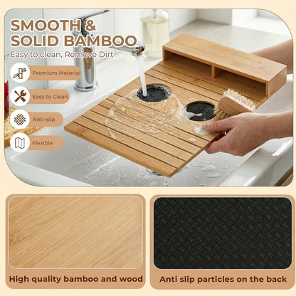 Solvio Bamboo Sofa Arm Tray with Cup Holder, Foldable Couch Arm Table with Anti-Slip Base, Wooden Armrest Organizer for Drinks, Snacks