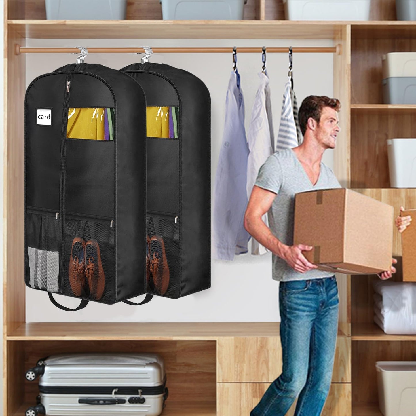 8" Gusseted Heavy Duty Garment Bags for Travel 43" Suit Bags for Closet Storage Hanging Clothes Bag with Pockets Mens Suit Holder for Shirts, Coats