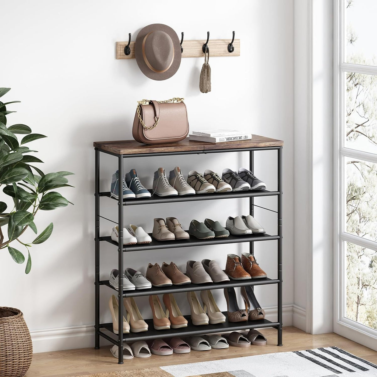 Dazioter Shoe Rack, 5-Tier Metal Shoe Shelves with Wooden Top,Shoe Organizer for Closet, Hallway, Entryway, Living Room