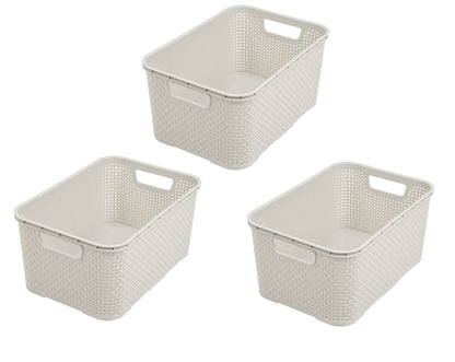 BranQ Home Essential Plastic Baskets in Rattan Design Set of 3 Size M 10 L Polypropylene Cream