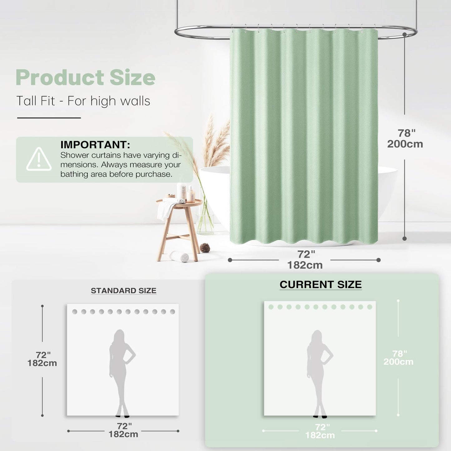 BTTN Long Waffle Shower Curtain, Waterproof, 182x200cm, Mint Green