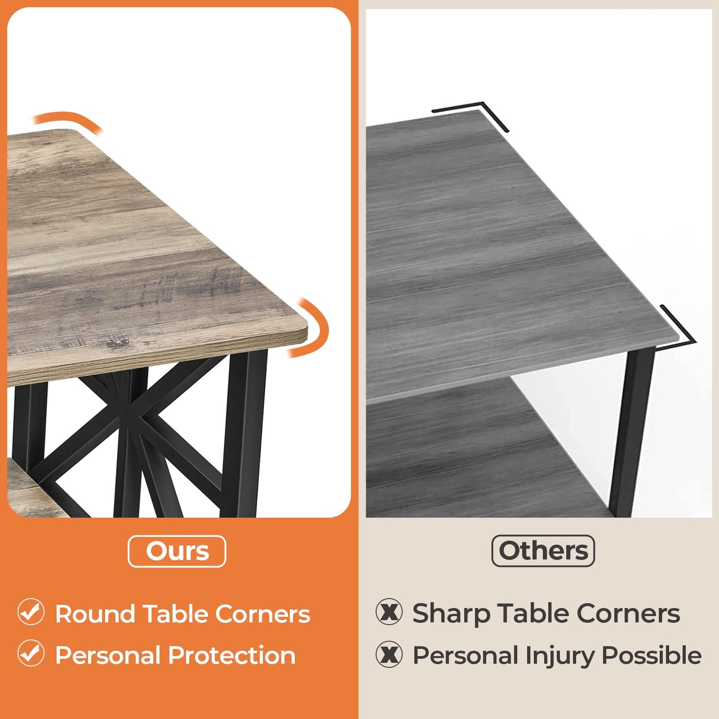 GreenForest Coffee Table with 2-Tier Storage,100 cm Living Room Table with Round Corner, Center Table with X-Frame Design for Home Office,Grey Wash