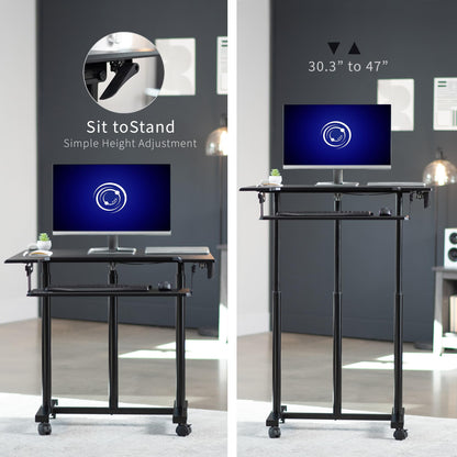 VIVO Mobile Height Adjustable Table, Stand Up Desk Cart with Sliding Keyboard Tray, Computer Workstation, Rolling Presentation Cart, Black, CART-V06A