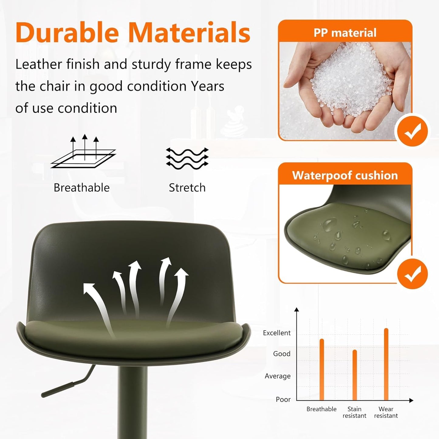 YOUNIKE Bar Stools Olive Set of 2 Modern PU Leather Counter Height Barstools, Sage Green Padded Adjustable Swivel High Chairs with Low Back for
