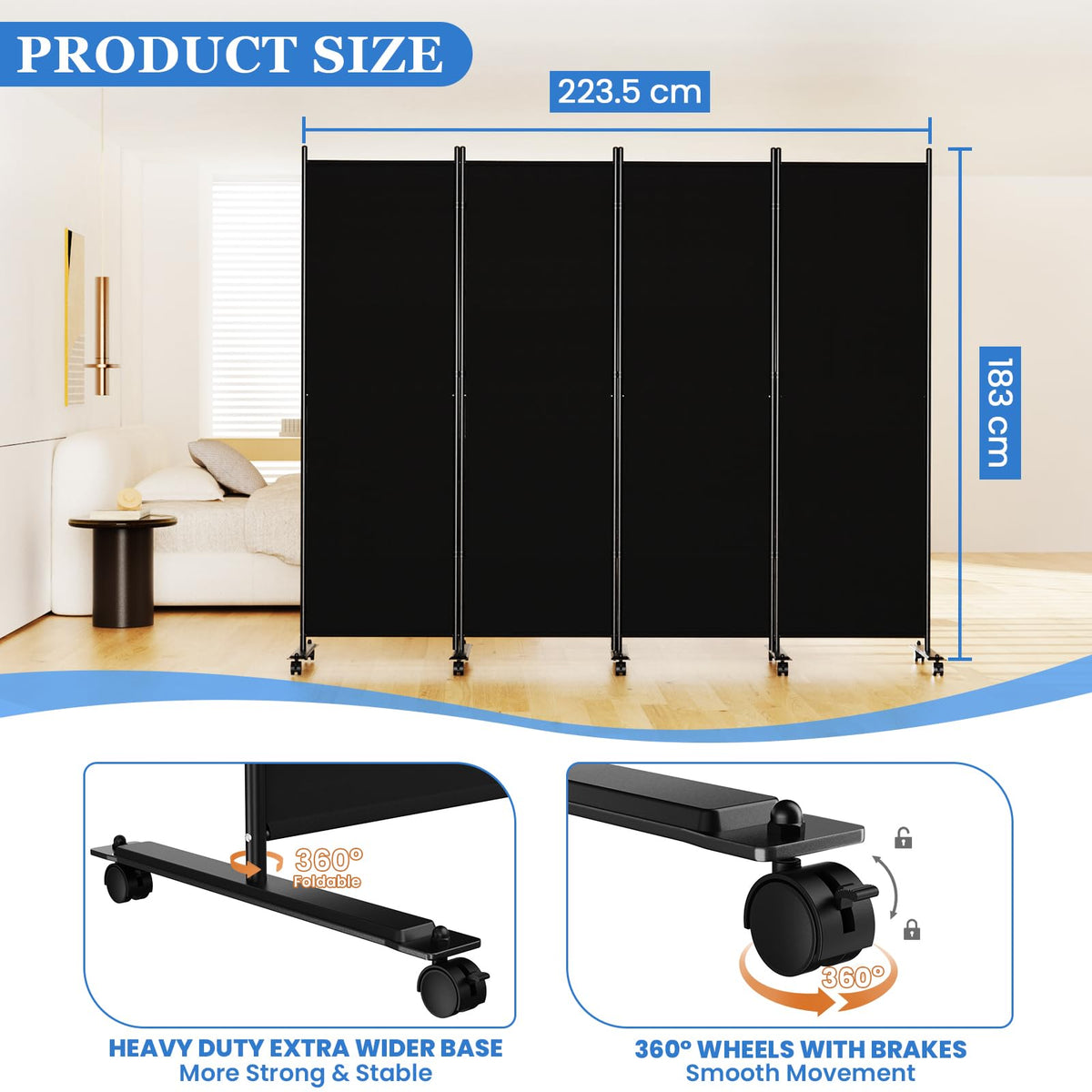 4 Panel Room Divider 183CM Folding Privacy Screens with Lockable Wheels