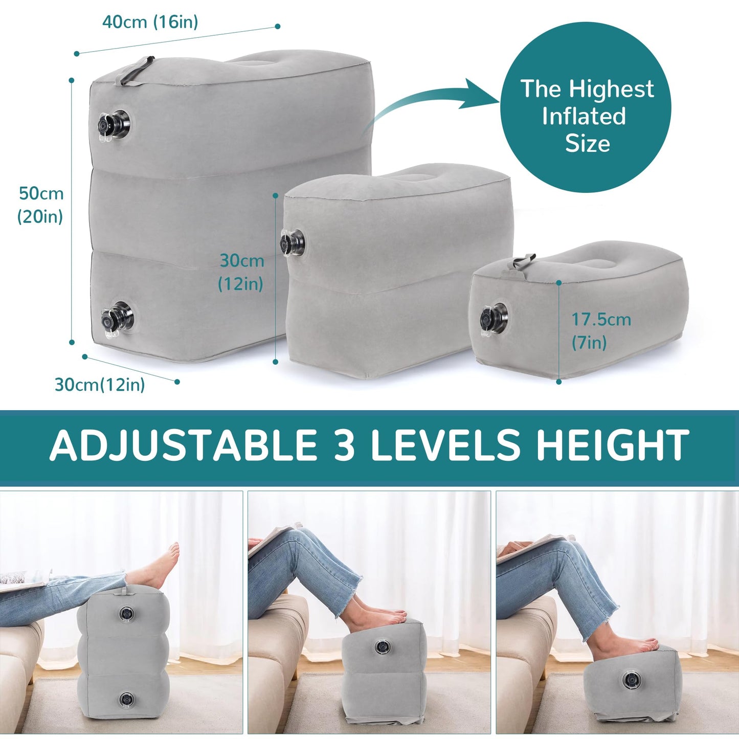 RISEPRO Inflatable Travel Foot Rest Pillow, Adjustable 3 Layers Height Leg Rest Pillow, Kids Airplane Bed, Adults Travel Essentials on Plane, Trains