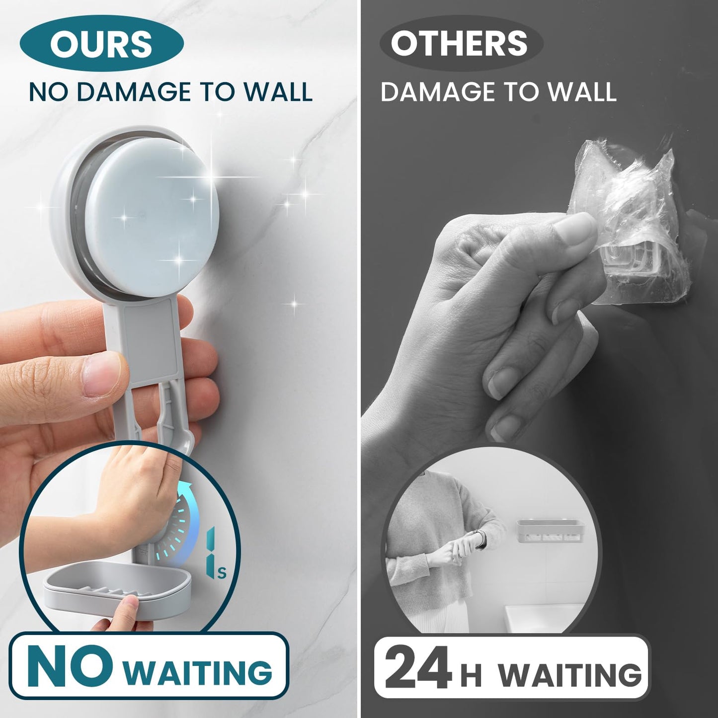 TAILI Suction Soap Dish for Shower, Drill-Free Wall Mounted Holder, Grey