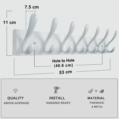 HONSKY Wall Coat Rack, 53cm Wooden Coat Hanger with 7 Double Hooks,Wall Coat Hook,Towel Rack Hanging Coat,Towel,Bag for Entryway, Hallway, Bedroom