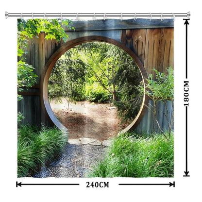 Xiaoterna Japanese Garden Shower Curtain 3D Spring Forest Nature Scenery Bathroom Curtain Circle Rustic Wooden Doorway Gate Green Plant Sunshine