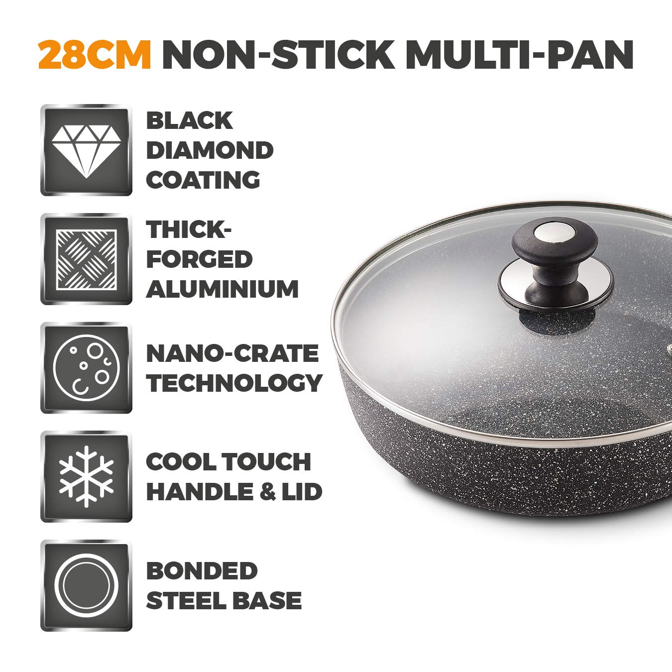 Tower T900117 Precision 28cm Non-Stick Forged Aluminium Multi-Pan with Black Diamond Coating, Stay Cool Handle, Black