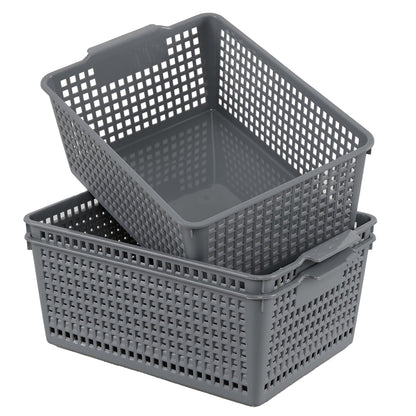 Afromy Set of 3 Plastic Storage Baskets, Rectangular Weave Storage Basket Bin, Grey