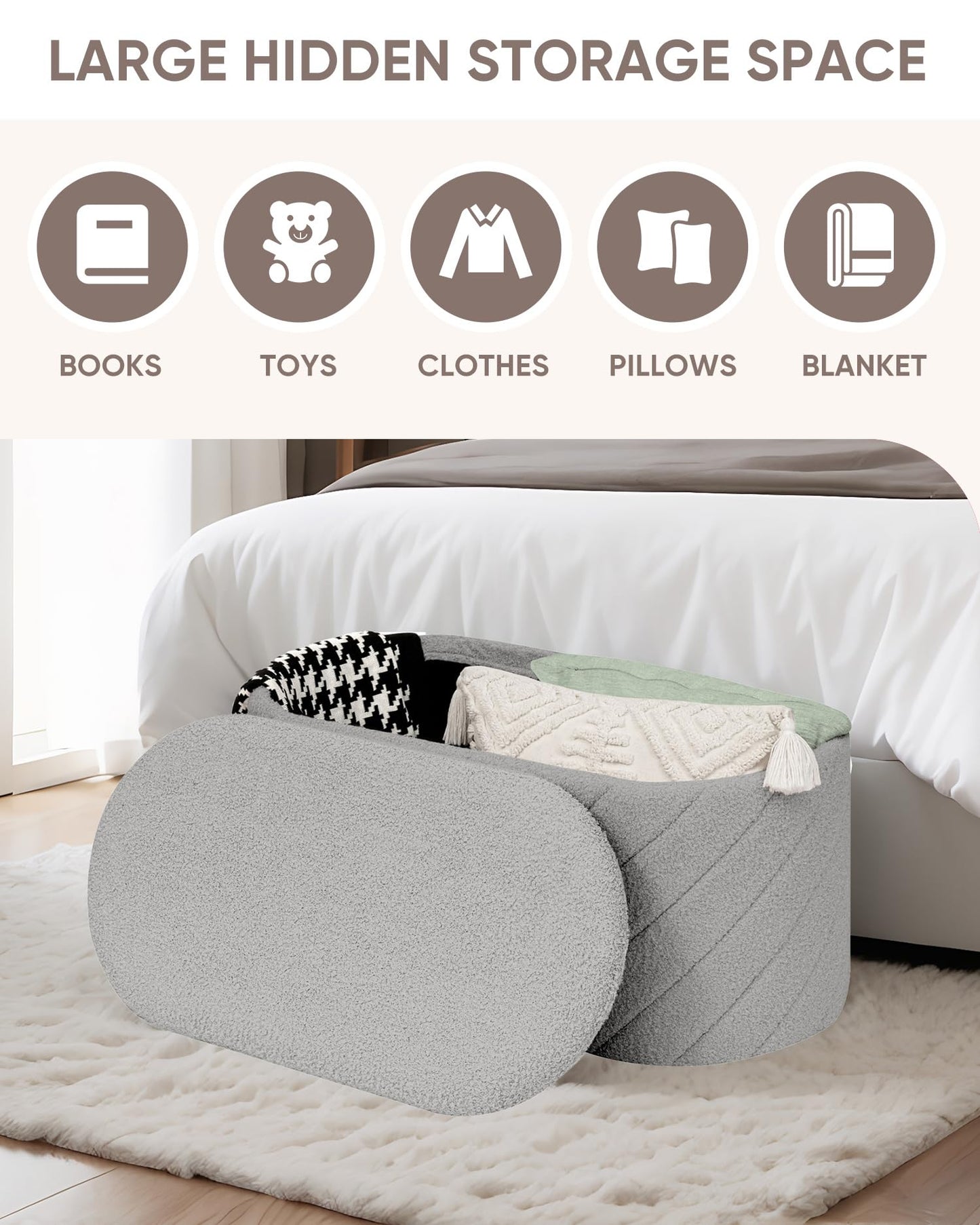 Bonlife Oval Ottoman with Storage Bench, Folding Foot Rest with Lid, Boucle End of Bed Bench,Foostool for Living Room,Bedroom,Entryway,Grey,76x38x38cm
