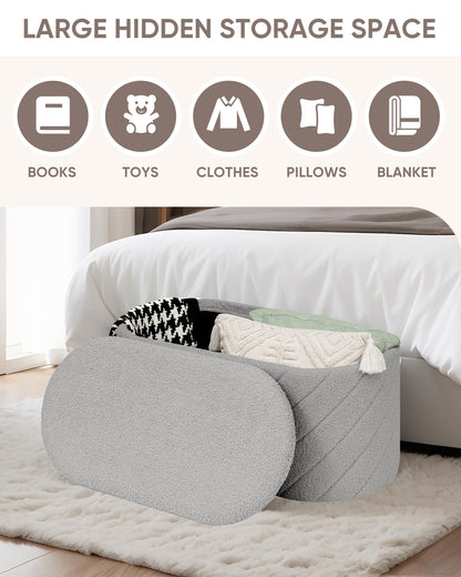 Bonlife Oval Ottoman with Storage Bench, Folding Foot Rest with Lid, Boucle End of Bed Bench,Foostool for Living Room,Bedroom,Entryway,Grey,76x38x38cm