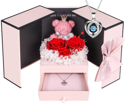ADDWel Romantic Roses Gifts for Her, Preserved Roses Forever Flowers with Sterling Silver Necklace for Wife Girlfriend on Birthday Anniversary Mothers