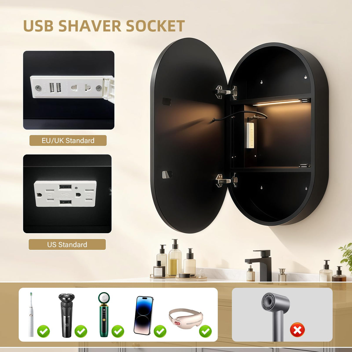Janboe Oval Medicine Cabinet with Light,LED Mirror Cabinet,USB Shaver Socket,Internal Light,Steel with Powder Coating,Soft Closing Hinge,41×71cm