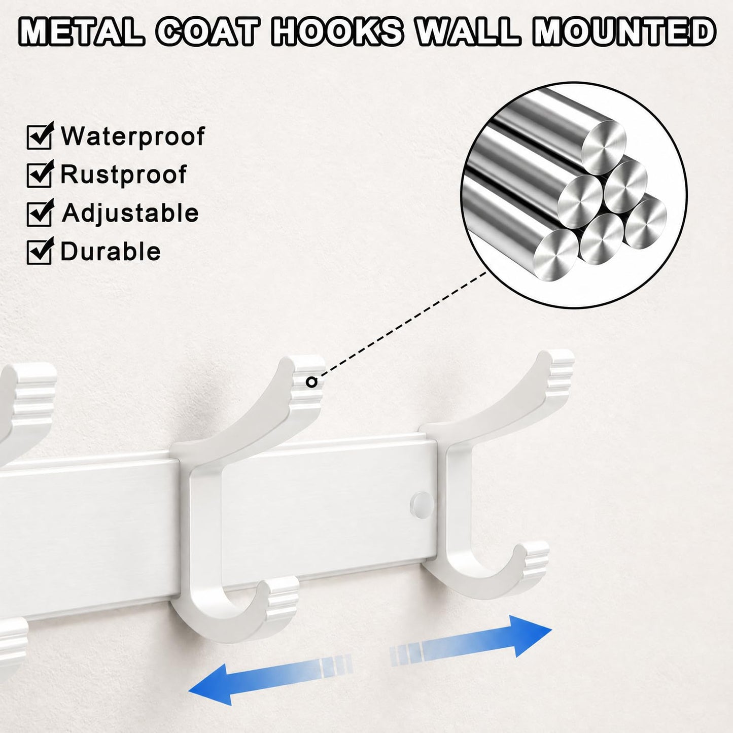 NONETO 2 Pack Coat Hooks Wall Mounted with 6 Movable Coat Rack (White)