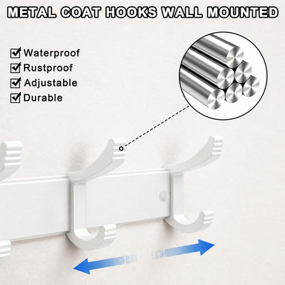 NONETO 2 Pack Coat Hooks Wall Mounted with 6 Movable Coat Rack (White)